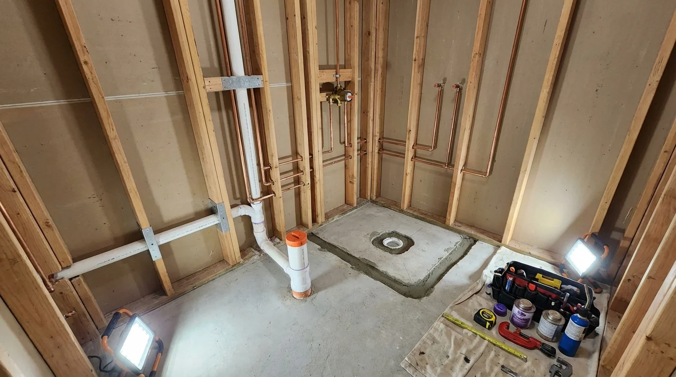 Bathroom rough-in plumbing during remodel by Johns Plumbing LLC in Colby