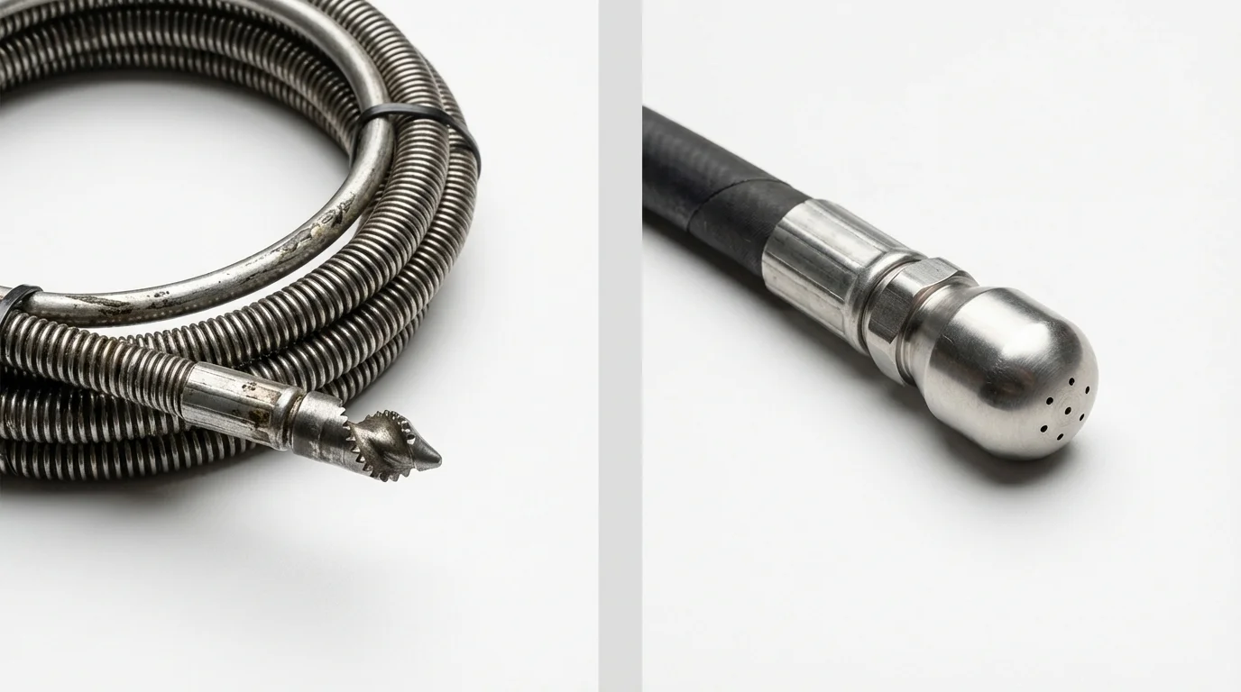 Drain snake cable and hydro jetting nozzle used for drain cleaning in Colby, KS