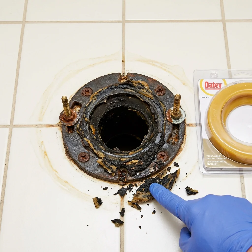 Failed wax ring showing water seepage at the base of a toilet in a Colby, KS home