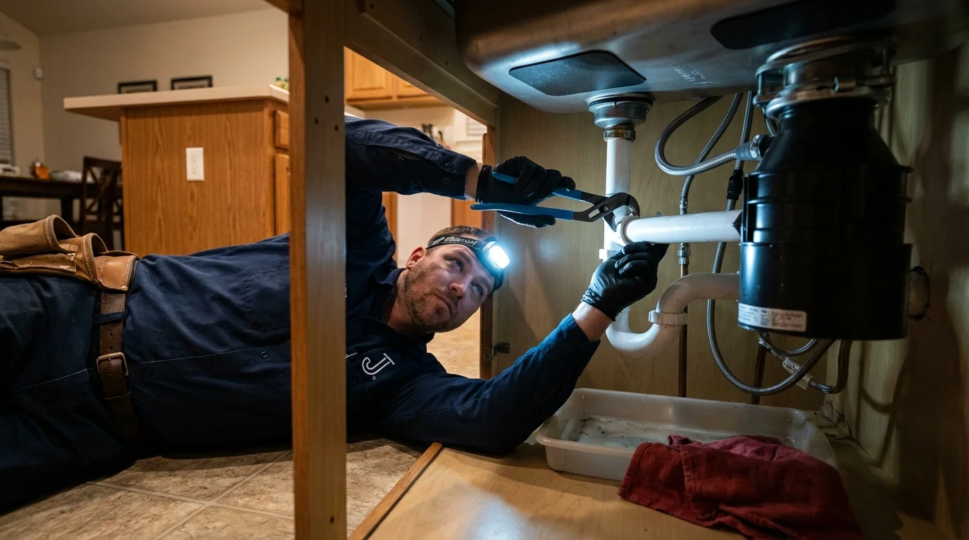 P-trap and supply line connections under a kitchen sink showing a common leak point in Colby, KS
